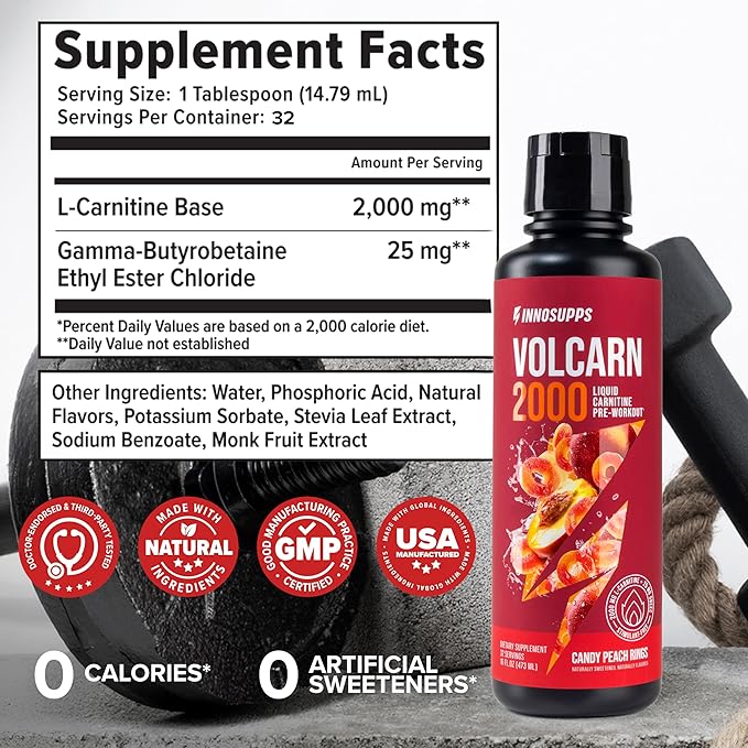 Volcarn 2000 L-Carnitine Liquid Energy, Candy Peach Rings, 32 Servings | Energy booster and ATP supplement with GBEEC; Enhances focus; Caffeine-free, no artificial sweeteners