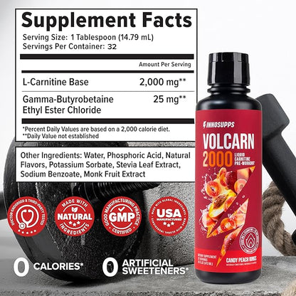 Volcarn 2000 L-Carnitine Liquid Energy, Candy Peach Rings, 32 Servings | Energy booster and ATP supplement with GBEEC; Enhances focus; Caffeine-free, no artificial sweeteners