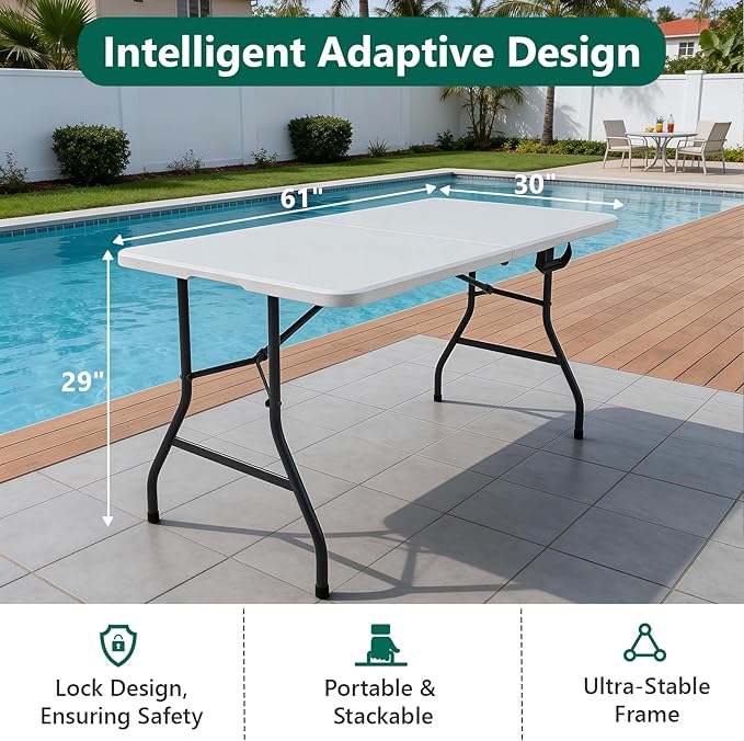 Folding Table, 5FT Foldable Picnic Table with Carrying Handle, Heavy Duty Fold-in-Half Portable Table for Weddings, Camping, RV Travel, Parties, BBQs, and Indoor Use, Easy to Fold and Store, White