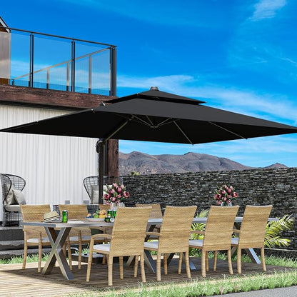 10x13FT Black Cantilever Outdoor Patio Umbrella with Base, Large Rectangular Offset Design, Double Top Heavy Duty Aluminum Frame & 360° Rotation for Pool Garden Deck Backyard