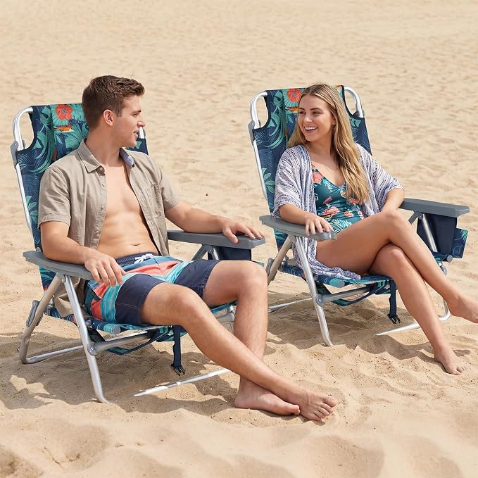 GYMAX Beach Chairs, Backpack Camping Chair | with Armrest, Cooler Bag, Cup Holder & Towel Bar, Sunbath Tanning Lounge, Folding Layout Chair (Without Table, Flower)