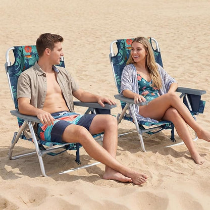 GYMAX Beach Chairs, Backpack Camping Chair | with Armrest, Cooler Bag, Cup Holder & Towel Bar, Sunbath Tanning Lounge, Folding Layout Chair (Without Table, Flower)