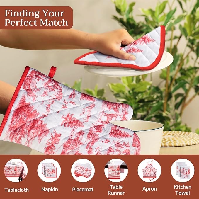 Maison d'Hermine Oven Gloves 100% Cotton Oven Mitt (7" x 13", Pack of 1) | With Loop Heat Resistant BBQ Cooking Gloves Baking Kitchen Handling Hot Pans Thanksgiving Christmas - Winter Jouy