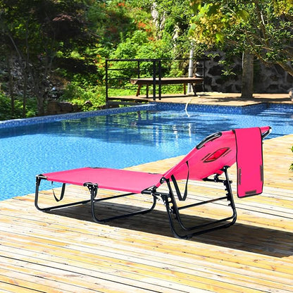 GYMAX Tanning Chair, 330lbs Beach Lounge Chair with Face Hole, Washable Pillow & Carry Strap, Adjustable Folding Chaise Lounge, Layout Chair for Outside, Patio, Poolside, Lawn (1, Pink)