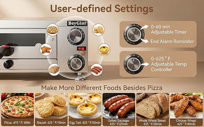 Electric Pizza Oven Indoor,12 inch Countertop Pizza Maker with Viewing Window,Stainless Steel Commercial Pizza Oven, Removable Handle,Dual Baking Trays and Oven Mitts