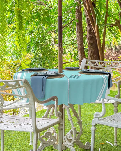 QueenKer Outdoor Tablecloth with Umbrella Hole, Farmhouse Teal White Stripe Round Tables Waterproof Tabletop Collection for Patio, Garden, Picnic, Camping, Dining 60R
