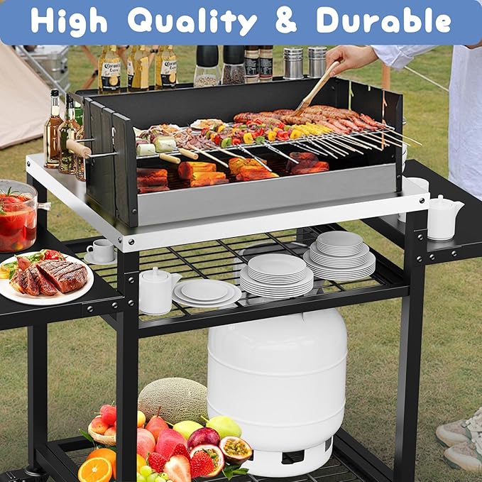 Three-Shelf Grill Cart, Stainless Steel & Black, Outdoor Grill Table with Pizza Oven & BBQ Grill Stand