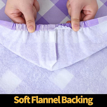 Smiry Rectangle Picnic Table Cloth, Elastic Waterproof Fitted Vinyl Tablecloths, Flannel Backed Buffalo Plaid Table Covers for Dining, Camping, Outdoor (White and Purple, 30" x 72")