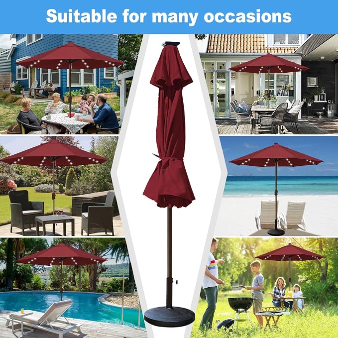 Eurmax USA 10-Year-Non-Fading 10FT Outdoor Patio Market Umbrella with LED Lights,UPF50+ UV Resistant,Heavy Duty Commercial Grade,Crank Lift Design,Windproof Vented Top for Garden,Pool,Deck,Burgundy
