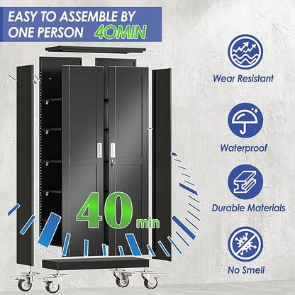 75" Metal Garage Storage Cabinet with Wheels and Locking Doors and Tall Rolling Steel Tool Cabinet with 5 Adjustable Shelves for Garage,Home,Office,Shop (Black, 75''H x 32''W x16''D)