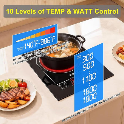 Dual Heating Coil Design of Single Burner Electric Cooktop, 1800W Ceramic Infrared Cooking Hot Plate, Portable Countertop or Built-in Radiant Stove Top Cooker with Wattage and Temperature Control