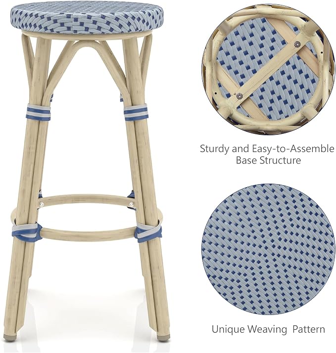 Seadrift Boho 26-inch Aluminum and All-Weather Wicker Barstools with Footrest, Patio Stools & Bar Chairs for Outdoor, Kitchen Counter, Poolside, Yard, Set of 2, Gray and Navy Blue