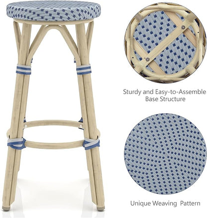 Seadrift Boho 26-inch Aluminum and All-Weather Wicker Barstools with Footrest, Patio Stools & Bar Chairs for Outdoor, Kitchen Counter, Poolside, Yard, Set of 2, Gray and Navy Blue