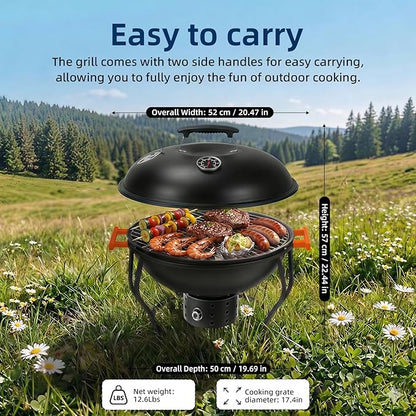 Portable Charcoal Grill with Built-In Thermometer, Adjustable Air Vent & Easy Cleanup, Portable BBQ Grill for Camping, Tailgating, Picnics and Small Backyard Cookouts, Easy-to-Carry Outdoor Grill