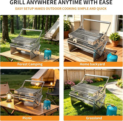 3-in-1 Gas Portable Barbecue Grill, 360° Rotatable Charcoal Grill, Flipping Stainless Steel Detachable Grill with Carry Bag, Dual-Use Grill & Fire Pit for Camping, Tailgating and Outdoor Cooking