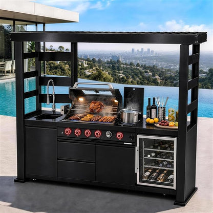 97.2" 4-Burner Modular Outdoor Kitchen Island, 72000 BTU Propane Gas Grill | Side Stove, Rear Infrared, Galvanized Steel Roof, Granite Countertop, Fridge, 360° Pull-Out Faucet,304 Sink, Rotisserie