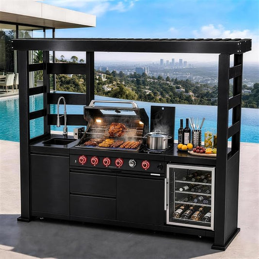 97.2" 4-Burner Modular Outdoor Kitchen Island, 72000 BTU Propane Gas Grill | Side Stove, Rear Infrared, Galvanized Steel Roof, Granite Countertop, Fridge, 360° Pull-Out Faucet,304 Sink, Rotisserie