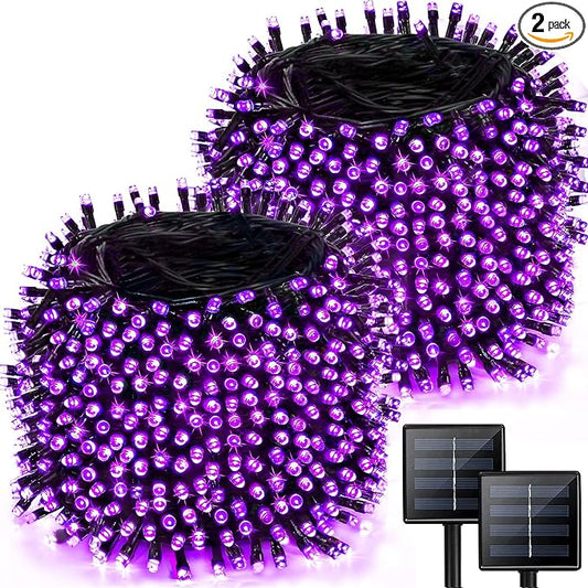 Solar Halloween Lights Outdoor 2 Pack 480 LED Solar String Lights Purple | 170FT, 8 Modes, Auto On/Off, Memory Function, Waterproof Solar Twinkle Lights for Outside Garden Party Graveyard Horror Decor