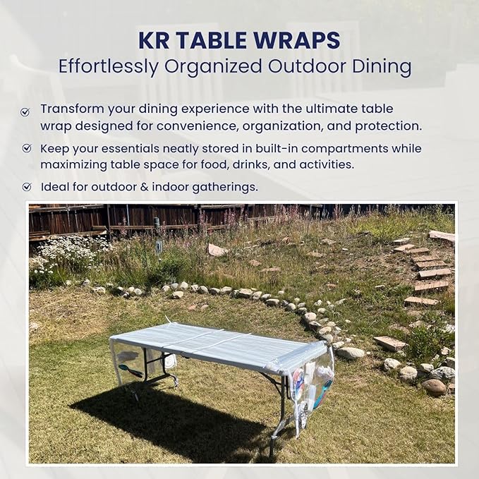 Water-Resistant Vinyl Cover - Reusable, Built-in Compartments for Plates, Cutlery & Dining Essentials – Fits 5 & 6 ft Tables – Perfect for Picnics, BBQs, Outdoor & Indoor Gatherings