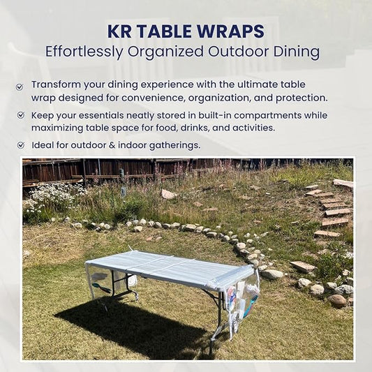 Water-Resistant Vinyl Cover - Reusable, Built-in Compartments for Plates, Cutlery & Dining Essentials – Fits 5 & 6 ft Tables – Perfect for Picnics, BBQs, Outdoor & Indoor Gatherings