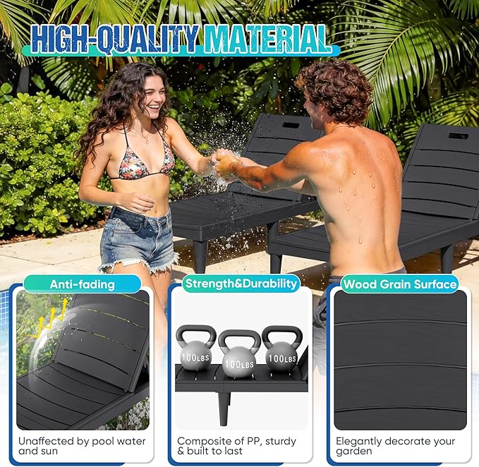 Greesum Outdoor Chaise Lounge Chair Set of 4, Waterproof 5-Position Adjustable PP Sun Loungers for Patio, Poolside, and Beach Sunbathing, Black