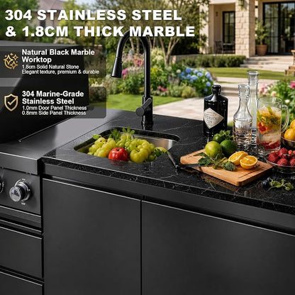 81.9" 6-Burner Modular Outdoor Kitchen Island, 85,000 BTU Propane Gas Grill | 6 Burners, Rear Infrared, Marble Countertop, Fridge, 360° Pull-Out Faucet, 304 Sink, Dual-Layer Warming Rack, Storage Cabinet