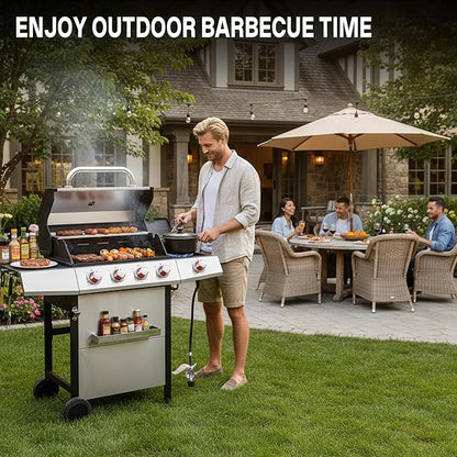 Gas and Charcoal Grill Combo with Side Burner, 4-Burner Propane Grill and Griddle Combo with Porcelain-Enameled Cast Iron Grates & Double-Wall Insulated Lid, 49,000 BTU Outdoor BBQ Grill