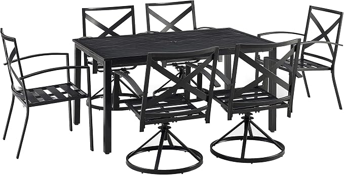 Crosley Furniture Kaplan 7-Piece Outdoor Dining Set for 6, Patio Table and Chairs for Backyard, Deck, Oiled Bronze with Oatmeal Cushions