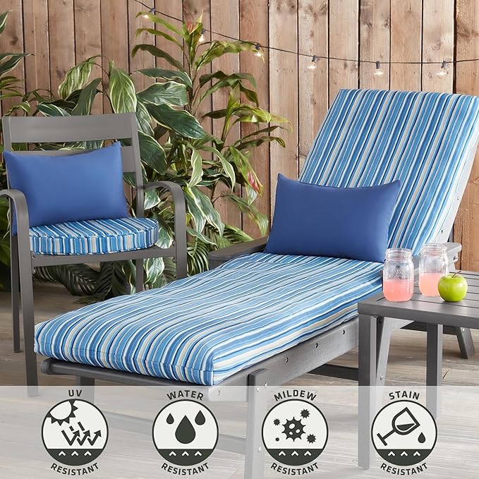 Outdoor Reversible Chaise Lounge Chair Cushion, Steel Blue Stripe