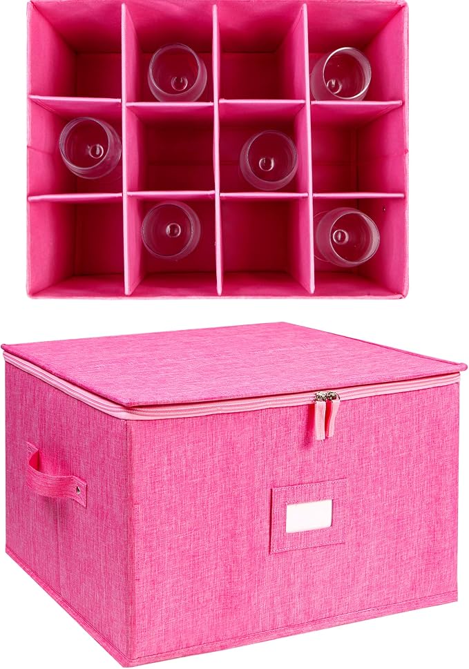 Wine Glass Storage Box, Stemware Storage Containers Cases with Dividers | Stackable Moving Supplies for 12 Wine Glasses, Drinkware , Glassware or Crystal, Hard Top and Stackable (Pink)