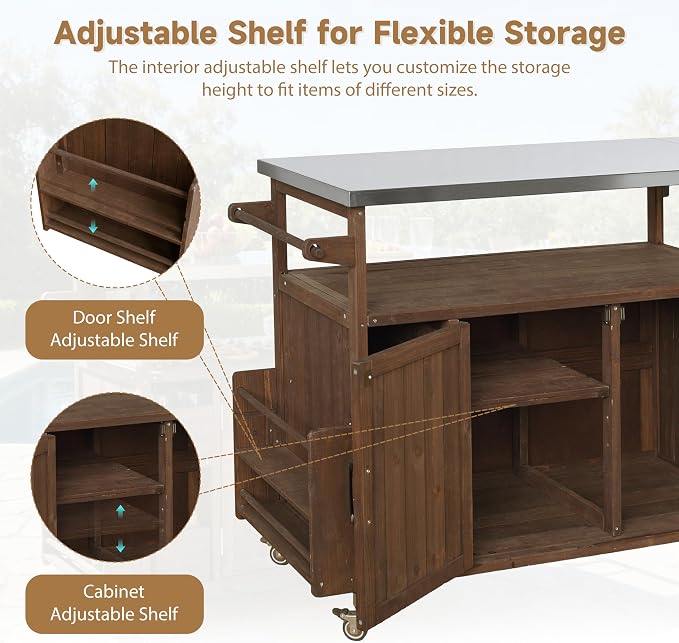 Christopher Knight Home Edsel Outdoor Bar Cart with Stainless Steel Top and Lockable Wheels, Solid Wood Outdoor Storage Cabinet, Kitchen Island Serving Cart for Poolside, Garden, Brown+Silver