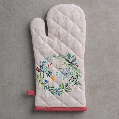 Maison d' Hermine Oven Gloves 100% Cotton Oven Mitt 7" x 13" with Loop Heat Resistant BBQ Cooking Gloves for Thanksgiving Christmas Decorations Baking Handling Hot Pans (Pack of 1, Holly Time)