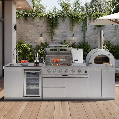 112-Inch 304 Stainless Steel Outdoor Kitchen Island Grill with Pizza Oven, Wine Cooler, Rotisserie, Granite Countertops & Storage Cabinets – 108000 BTU Total Heat Output, Silver