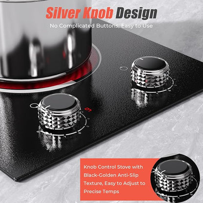 2 Burner Electric Cooktop 110V 2000W Countertop or Built-in | 12 Inch Plug in Two Burner Electric Stove 120V Portable, Knob Control, 9 Power Levels and Overheat Protection, Silver Knob