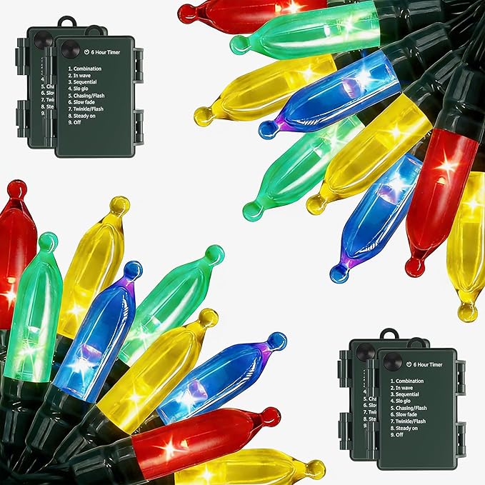 Battery Operated String Lights - 4 Pack Total 66ft 200 LEDs Multicolor Christnas Lights with Timer, 8 Modes Waterproof Twinkle Lights for Indoor Outdoor Xmas Tree Wreath Party Holiday Decorations