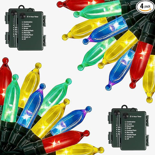 Battery Operated String Lights - 4 Pack Total 66ft 200 LEDs Multicolor Christnas Lights with Timer, 8 Modes Waterproof Twinkle Lights for Indoor Outdoor Xmas Tree Wreath Party Holiday Decorations