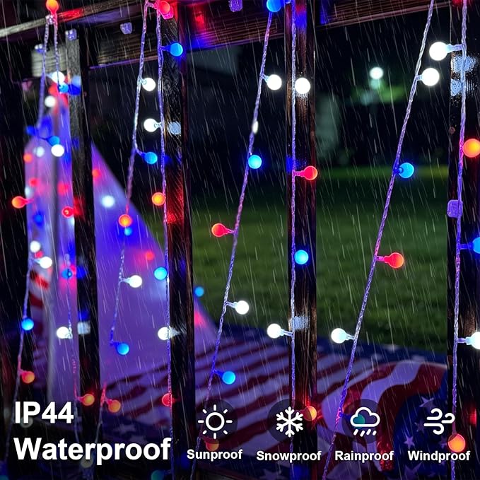QITONG Red White and Blue Globe String Lights Outdoor, 33ft 100 LED 4th of July Globe Lights with Plug in, 8 Modes Clear String Lights for Indoor Patriotic Memorial Independence Day Decor