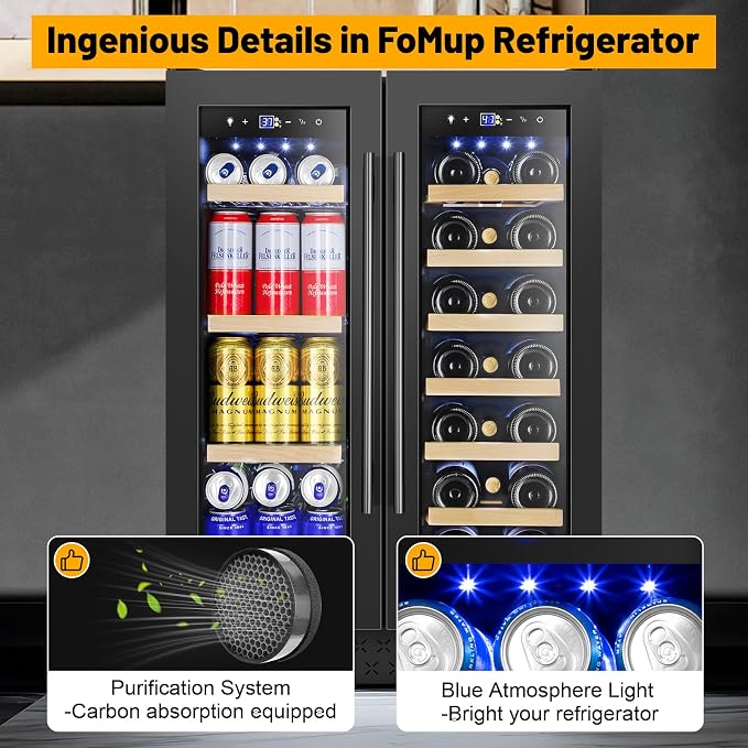 FoMup Wine and Beverage Refrigerator, 24 Inch Beverage Cooler Dual Zone with Glass Door, Under Counter Beverage Fridge with Upgraded 60 Cans 20 Bottles Large Capacity, Black