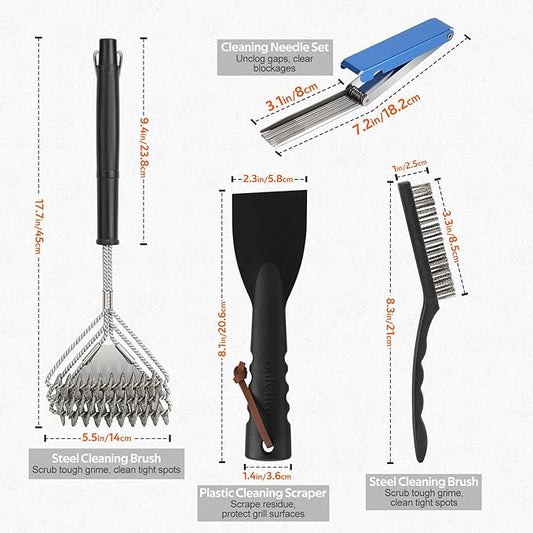 onlyfire 4-in-1 Grill Deep Cleaning Kit, Complete BBQ Cleaner Set for Gas, Charcoal, Electric & Flat-Top Grills – Heavy Duty Grill Brush, Burner Needle Cleaner & Scrapers