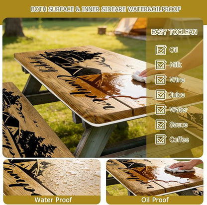 3 Piece Picnic Table Cover with Bench Covers for Outdoor, Patio, 30x72 Inch | Camping Table Cloth Waterproof Windproof with Elastic Edges & Drawstring Bag, Fitted Rectangle Tables and Seat Covers