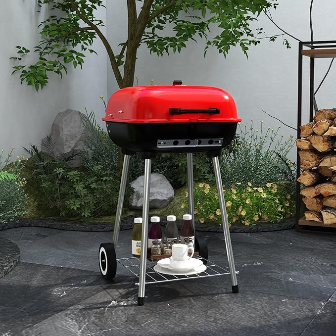 Portable Charcoal Grill with Bottom Shelf, BBQ Smoker with Wheels and Adjustable Vents on Lid for Picnic Camping Backyard Cooking, Black