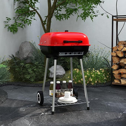 Portable Charcoal Grill with Bottom Shelf, BBQ Smoker with Wheels and Adjustable Vents on Lid for Picnic Camping Backyard Cooking, Black