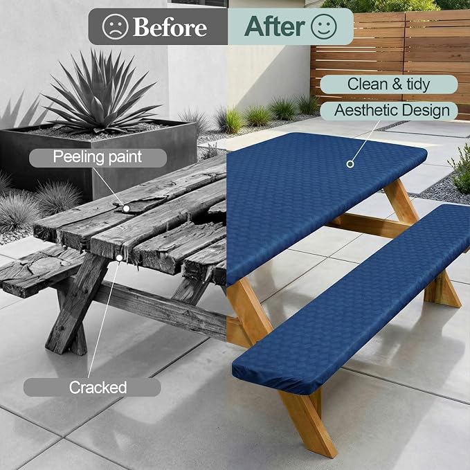 Picnic Table Cover with Bench Covers Camping Essentials Waterproof Windproof Camping Tablecloth with Drawstring Bag, Fitted Rectangle Tables and Seats, 96in, Deep Blue