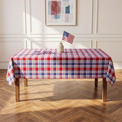 4th of July Red White and Blue Plaid Tablecloth – Waterproof Patriotic Independence Day Table Cover for BBQ, Picnic, Party, Farmhouse Kitchen & Outdoor Decor, W60 x L60 in