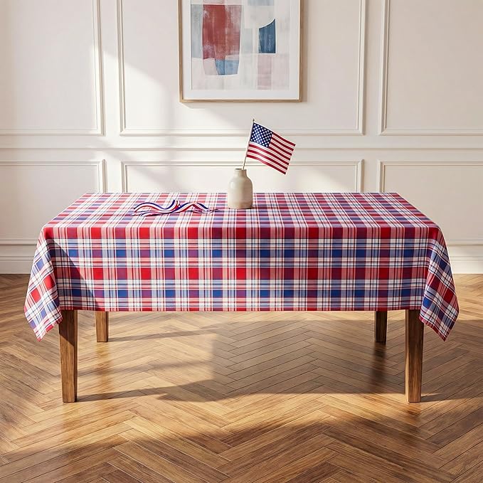 4th of July Red White and Blue Plaid Tablecloth – Waterproof Patriotic Independence Day Table Cover for BBQ, Picnic, Party, Farmhouse Kitchen & Outdoor Decor, W60 x L144 in