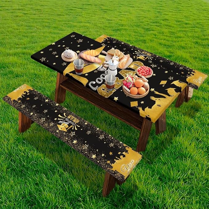 Graduation Decorations Class of 2025 Tablecloth - 3 Pcs Elastic Congrats Grad Table Cloth for Graduation Party Decorations