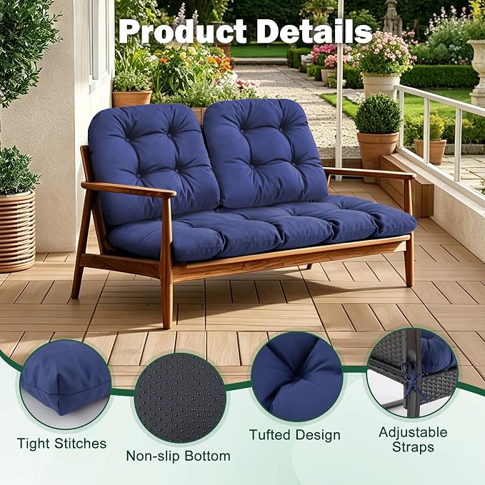 Outdoor Wicker Chair Cushions, 44×19×4 in, Waterproof, Navy Blue | Waterproof Wicker Furniture Cushions, Fade Resistant, 3 Piece Patio Furniture Cushions Set for Bench, Loveseat, Swing, Settee