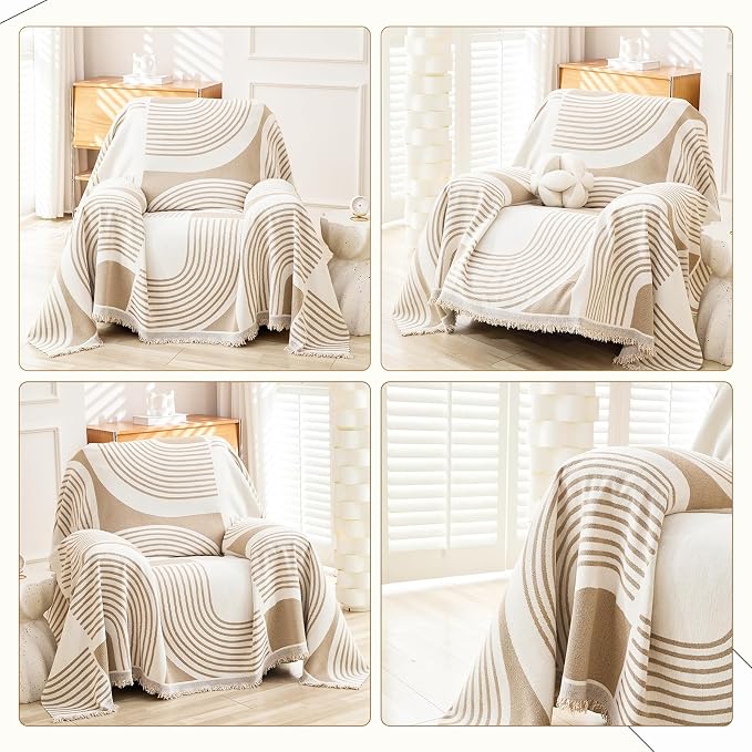 WEYOND Boho Couch Cover, Chenille Sofa Covers Washable, 71" x 91", Khaki | Bohemian Sofa Slipcover with Tassels for 1 Cushion Couch, Armchair, Chair, 1 Seater