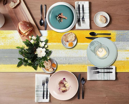 Emvency Yellow Abstract Table Runner, Modern Grey White Art Painting for Kitchen Coffee Table Family Dinners Holiday Parties Wedding Events Decor(13x72 inch)