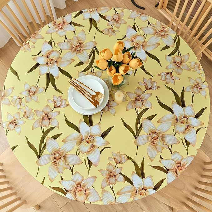 LIBERECOO Round Vinyl Fitted Tablecloth with Flannel Backing Elastic Edge Table Cover Waterproof Stain-Resistant Wipeable Tablecloths Fits 40-44 Inch Round Tables
